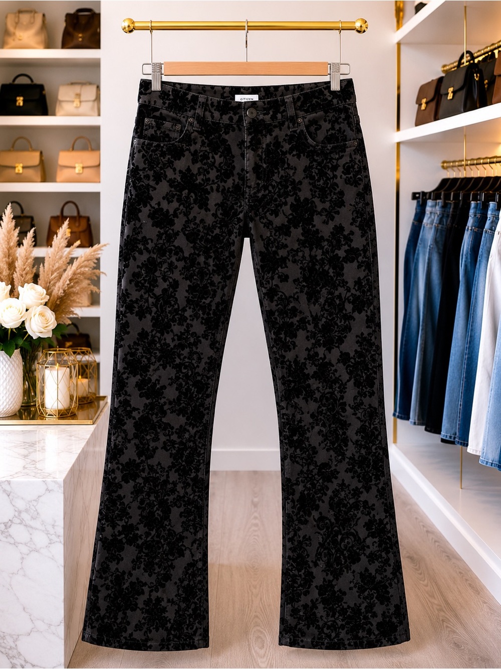 ☀️2/$20 Terra&Sky Black Velvet Flocked Floral Pattern Slip On Pants Slacks | 3X
